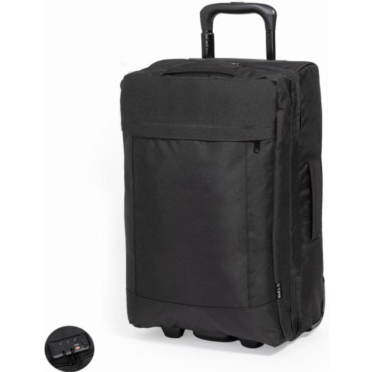 A rolling suitcase in black with a front pocket and a retractable handle, featuring a logo on the side.