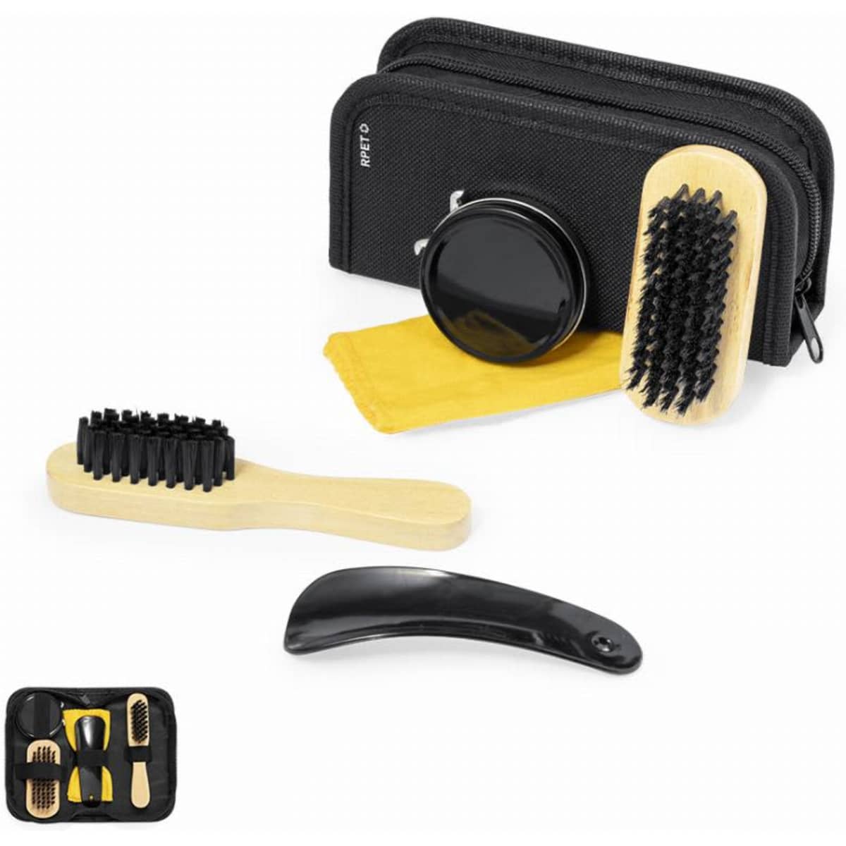 A grooming kit featuring a black zipper case, a wooden brush, a comb, a cleaning cloth, and a jar of product.