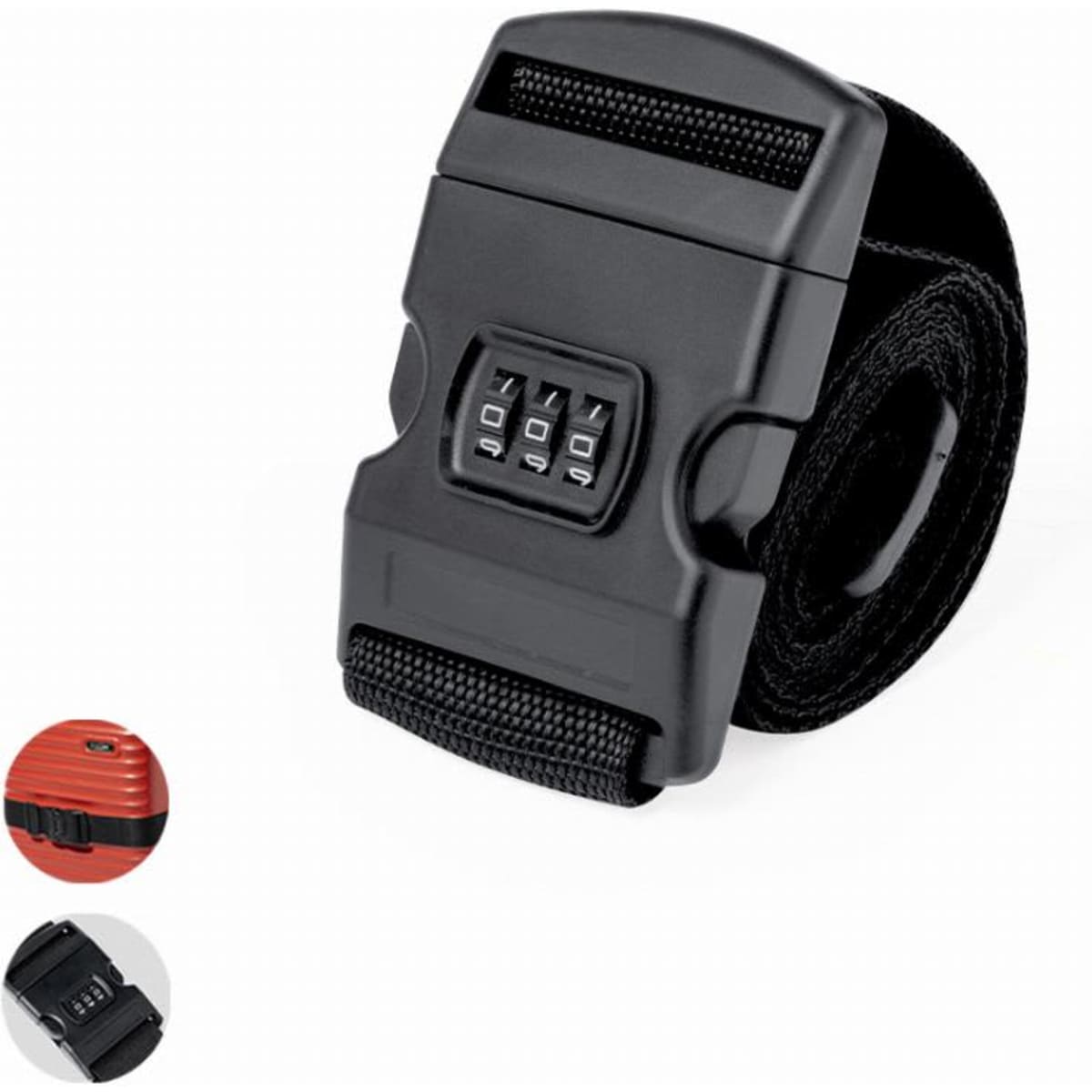 A black security belt with a combination lock and adjustable strap. It features a plain design with no visible branding.