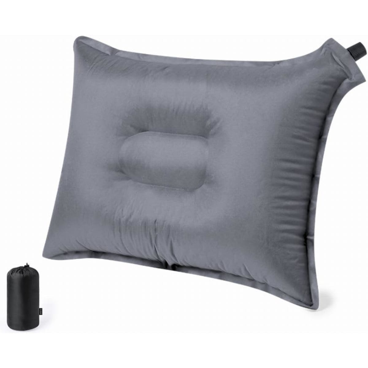 An inflatable travel pillow in grey, featuring a contoured design, with a matching compact storage bag.