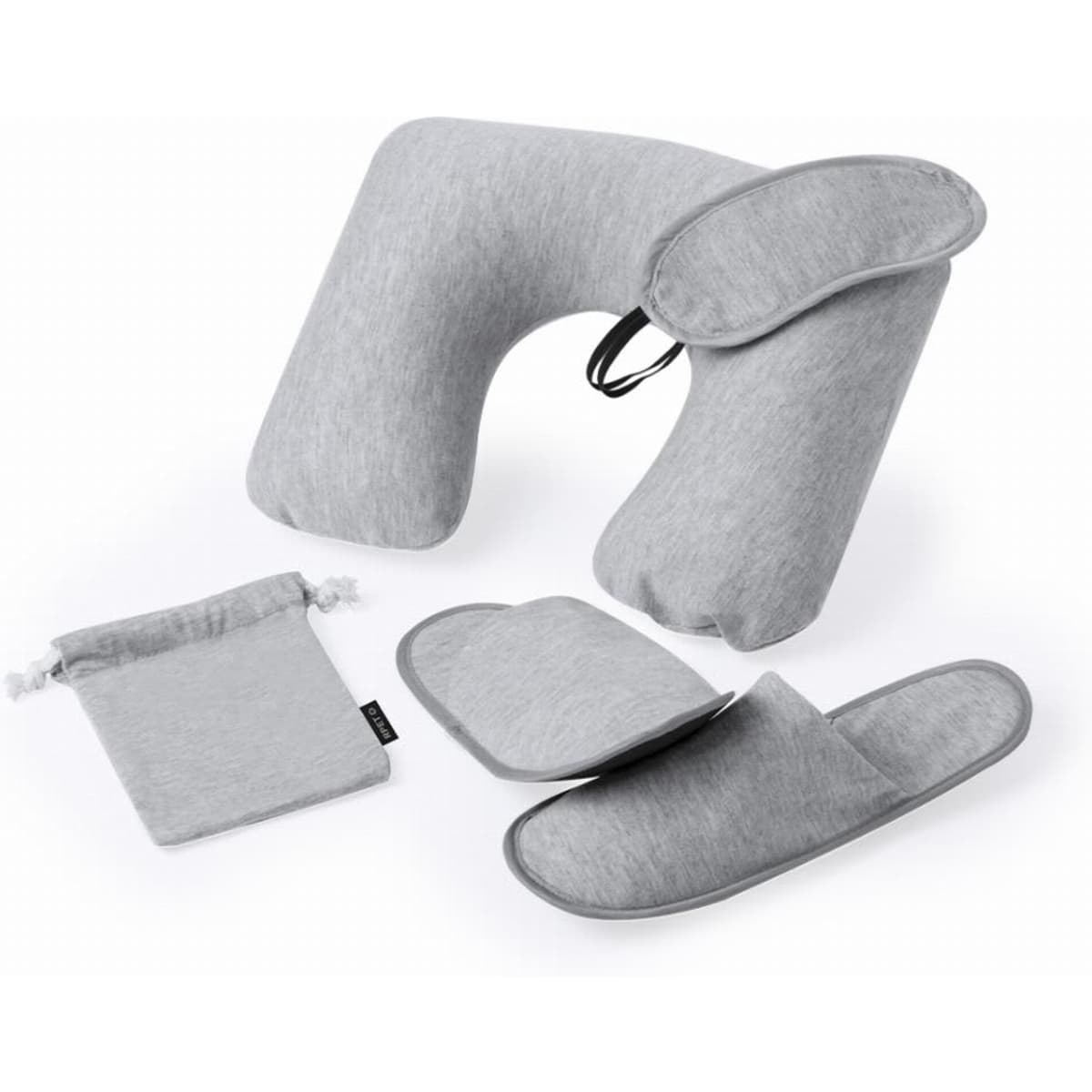 A grey travel neck pillow set, including a neck pillow, eye mask, and slippers, all in a soft fabric.