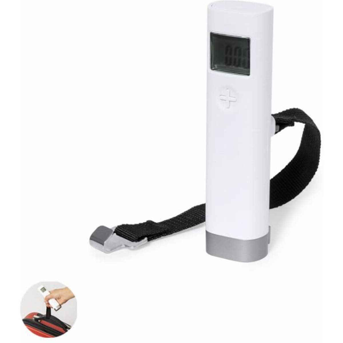 A digital luggage scale in white with a black strap. It features a display for weight measurement.
