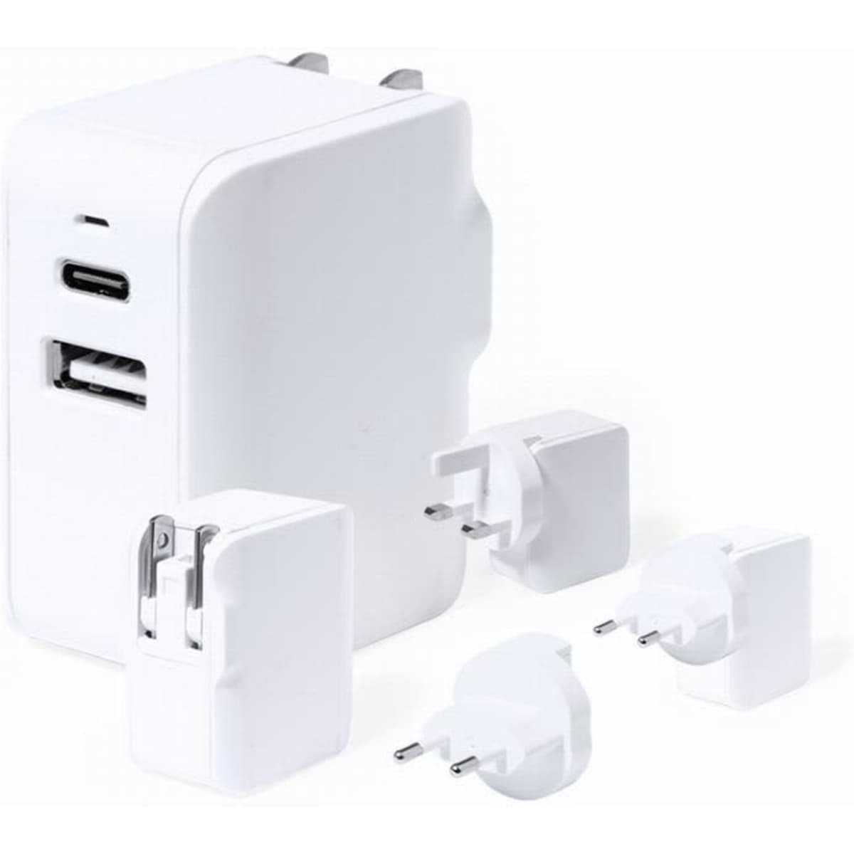 A white charging adapter with multiple plug attachments for different socket types. Features USB-C and USB ports.