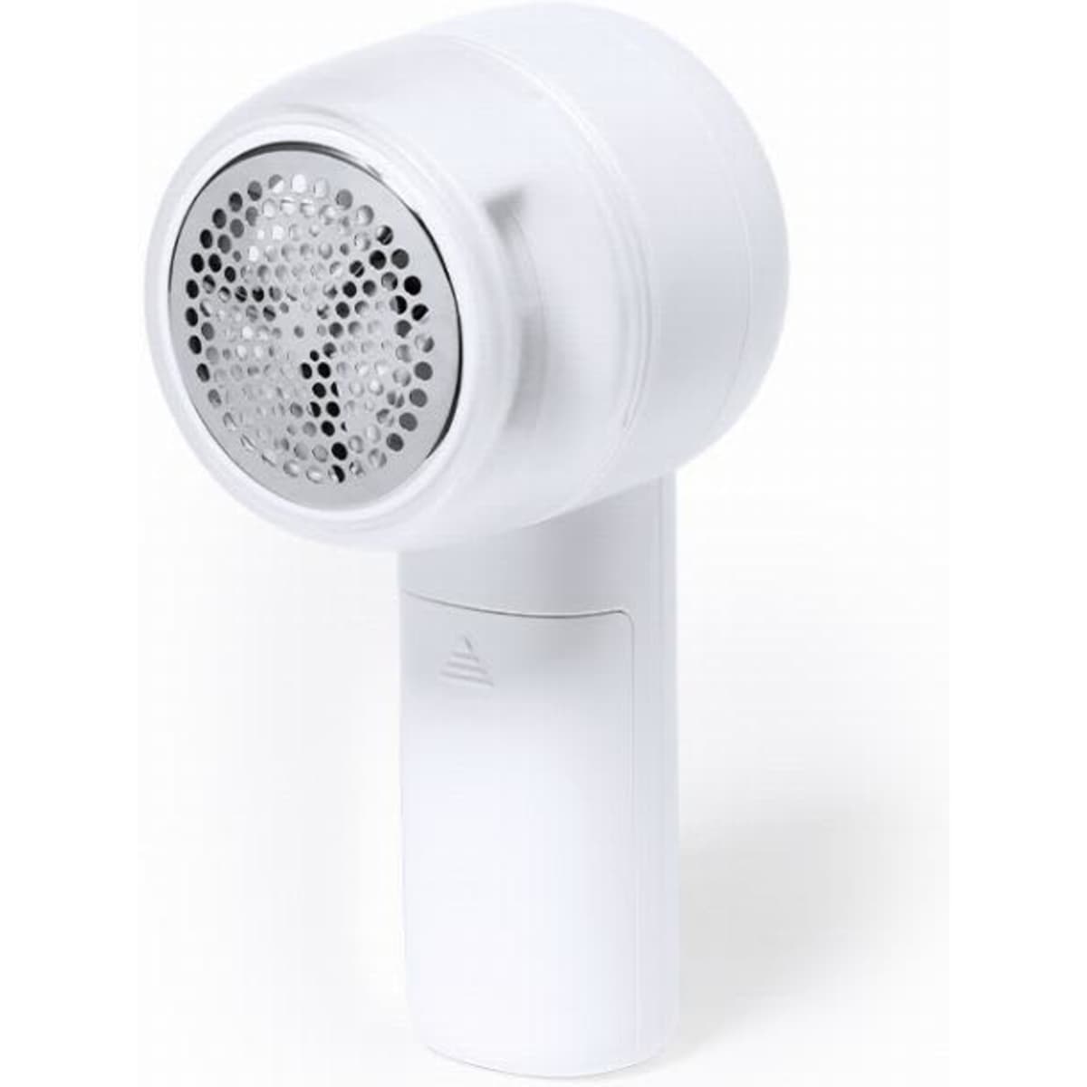 A fabric shaver in white, featuring a round head with a grid pattern for removing lint and fuzz from garments.