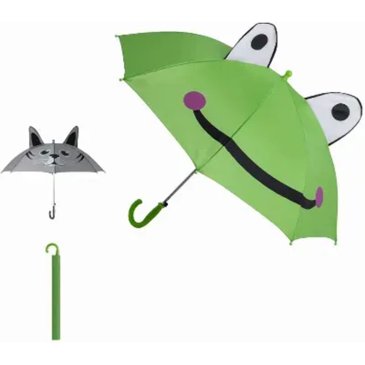 A green umbrella with a smiley face and large eyes, alongside a grey umbrella with a cat design and a green handle.