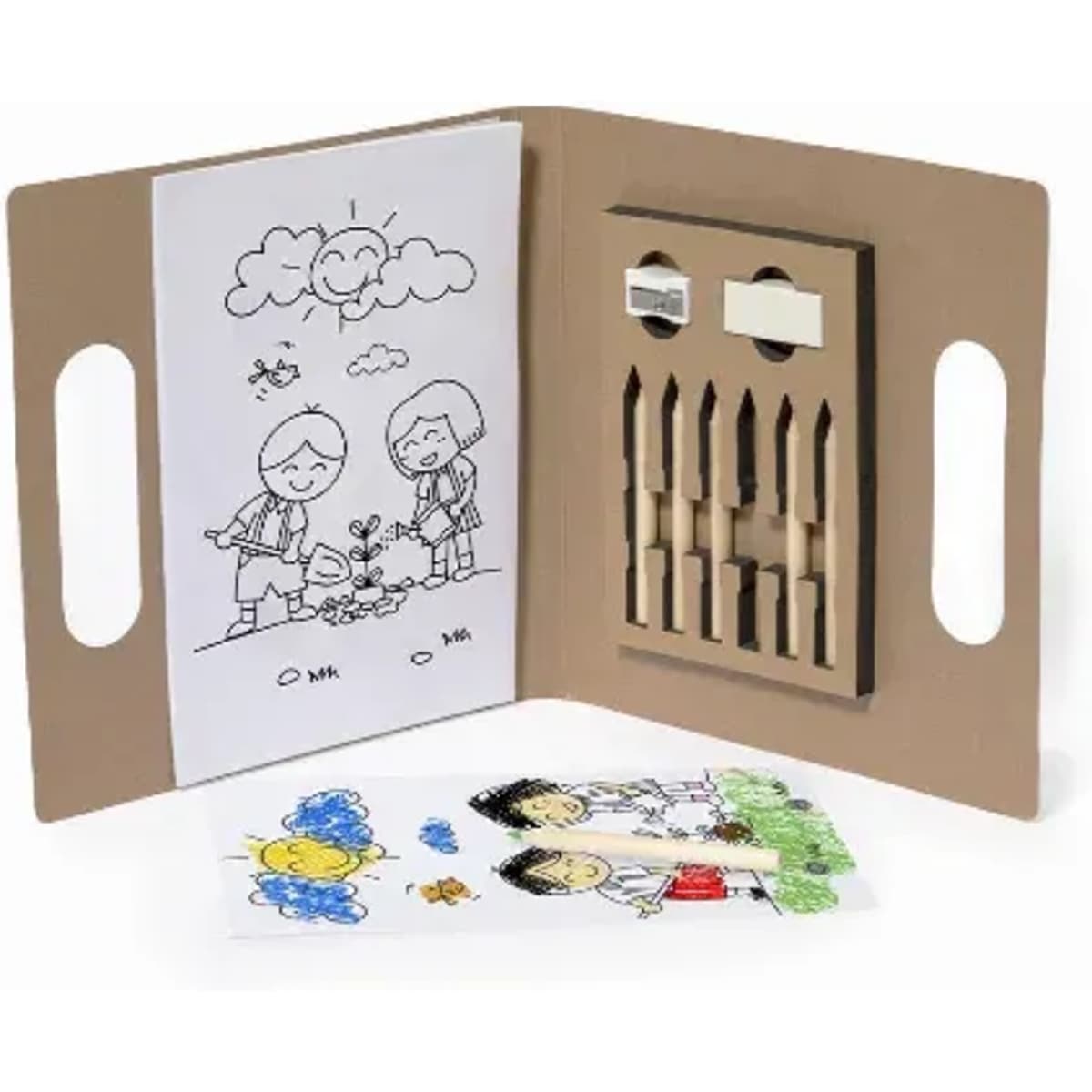 A creative art set featuring a foldable cover, colouring pages, and wooden crayons in various colours.