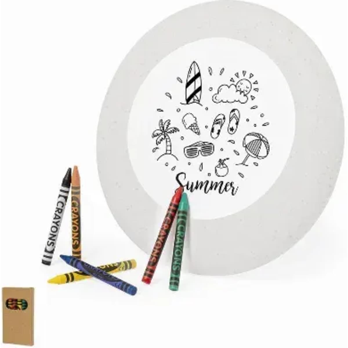 A round, white plate features a summer-themed illustration. Five colourful crayons in various shades are placed beside it, along with a small brown item.