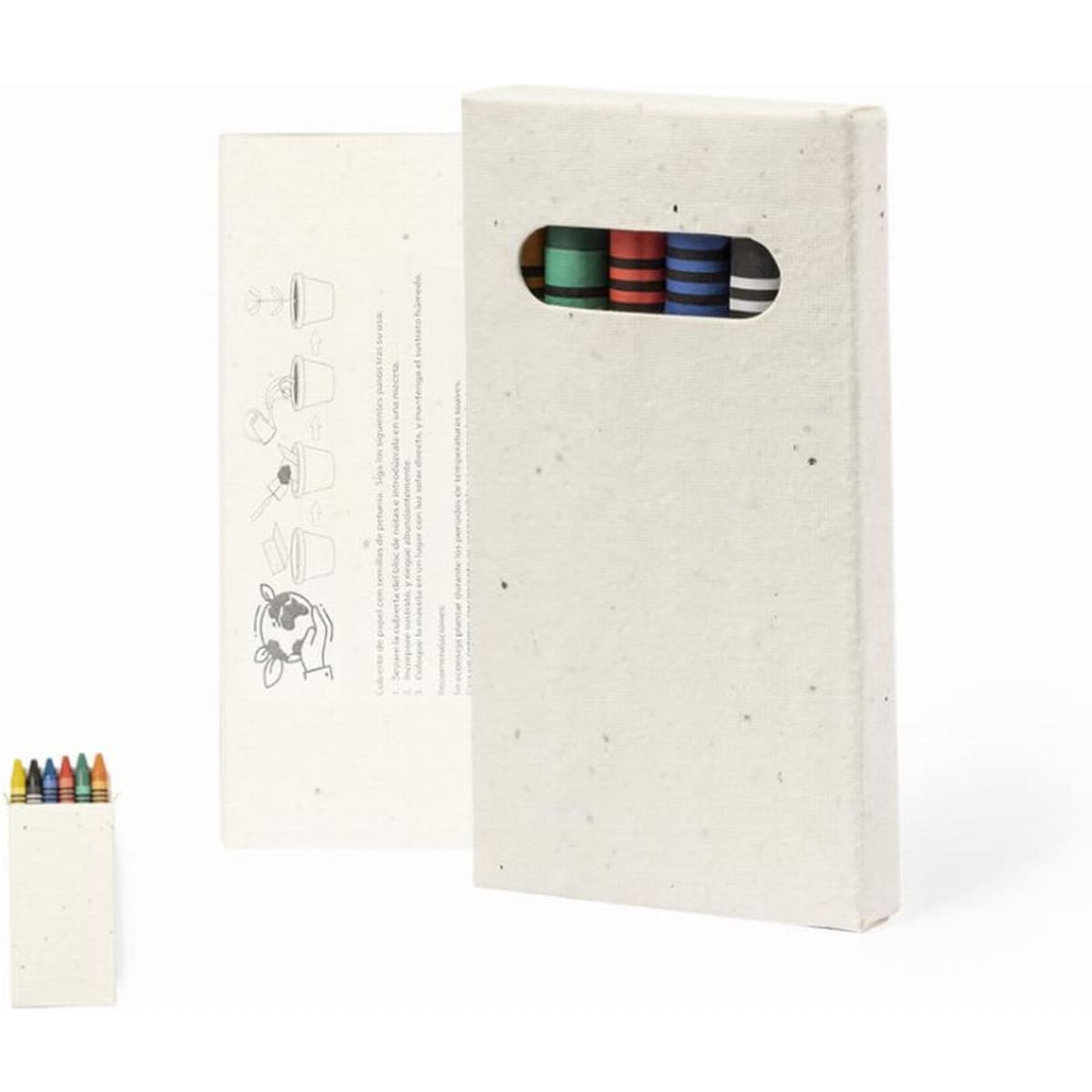 A product featuring a beige packaging with a window displaying five colourful crayons inside, accompanied by instructions on the back.
