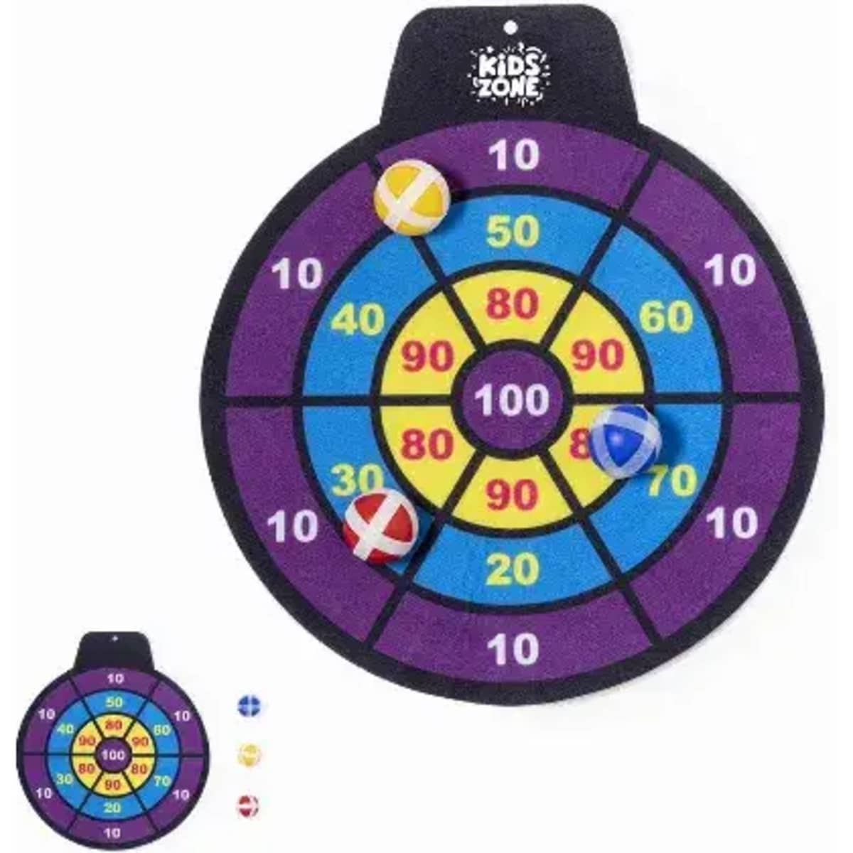A colourful dartboard featuring numbered target sections in purple, yellow, and blue with three attached balls.
