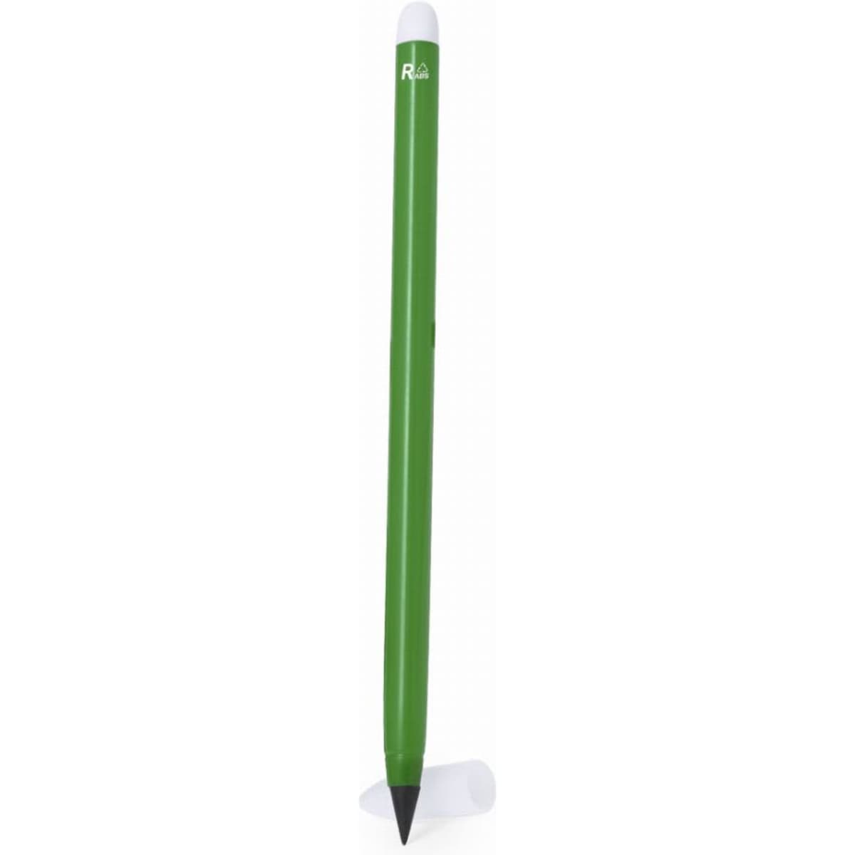 A green promotional pen with a white tip and branding. The pen has a sleek design and a rounded top.