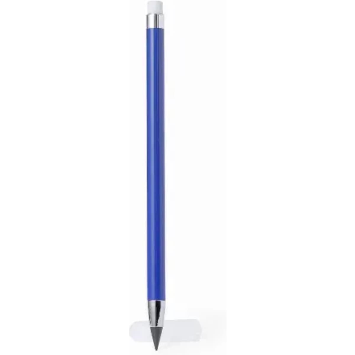 A blue pen with a silver tip and detailing, featuring a smooth barrel design and an eraser at the top.
