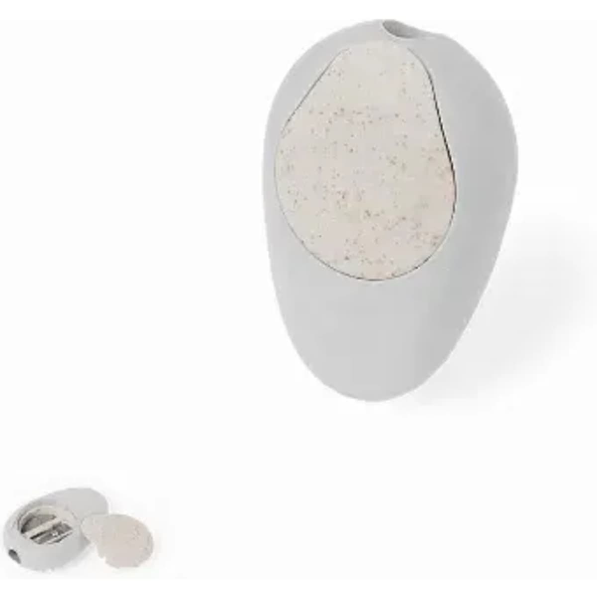 A drink bottle in a sleek grey design with a textured white top and a small circular lid placed beside it.