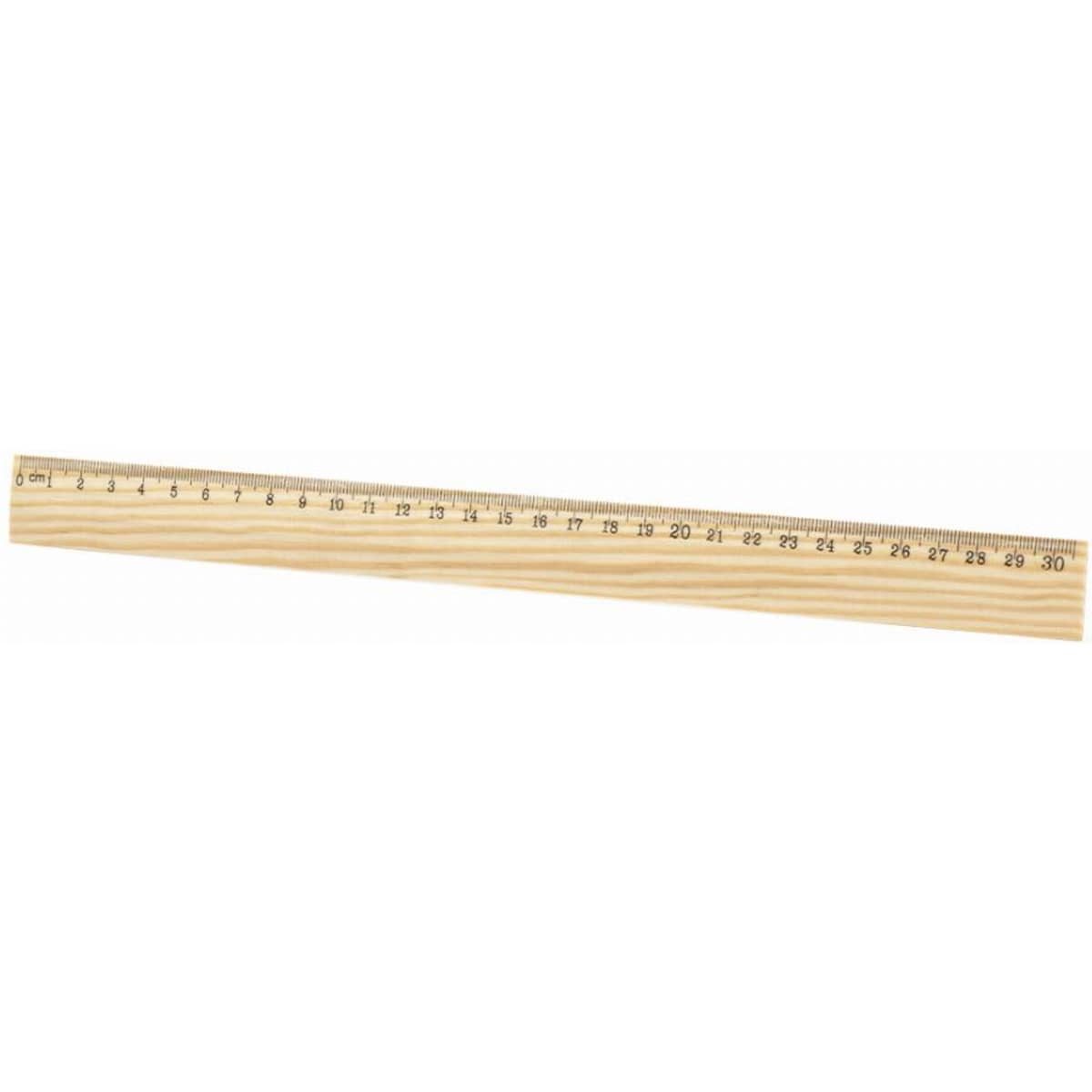 A wooden ruler with measurement markings up to 30 centimetres, featuring a smooth finish and straight edges.