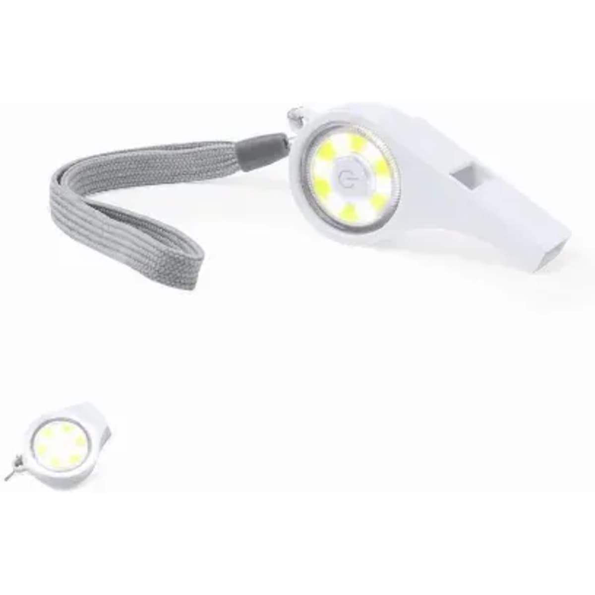 A white whistle with a grey strap and integrated LED lights. It features a simple design and is compact in size.