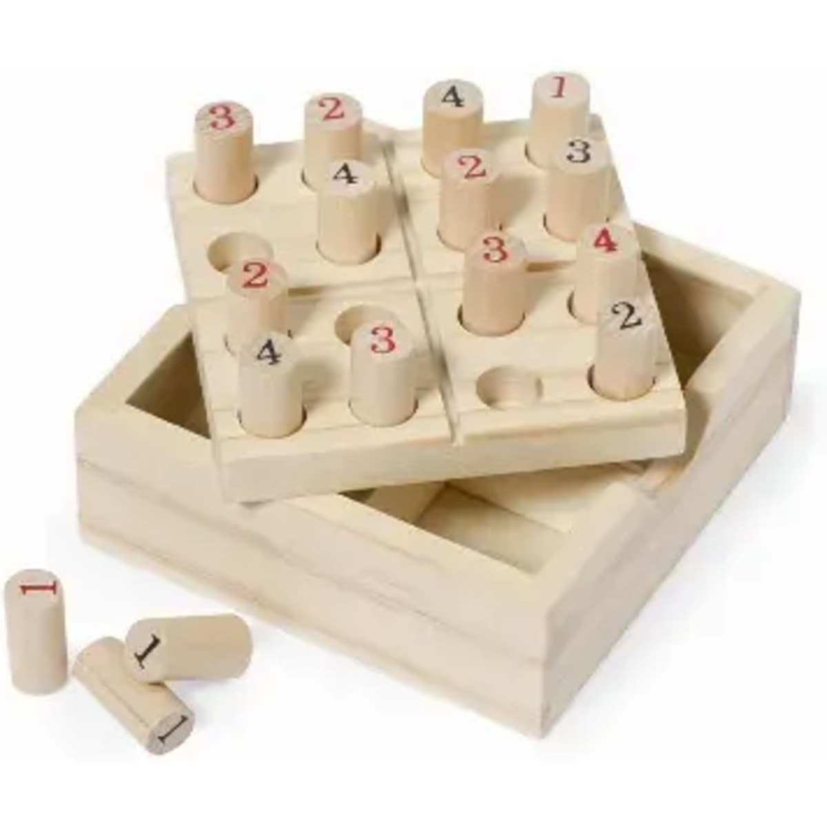 A wooden educational toy featuring numbered pegs in a tray. The pegs are arranged in a grid with matching holes.