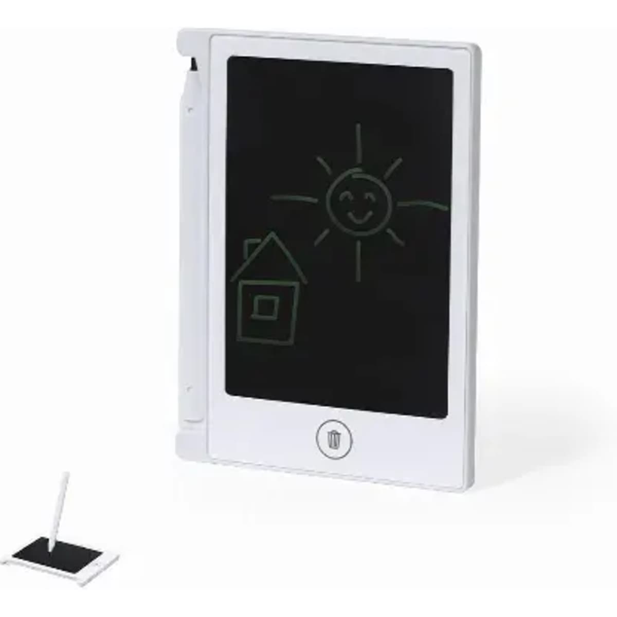 A drawing tablet with a black screen, a white frame, and a stylus, displaying a sun and a house sketch.