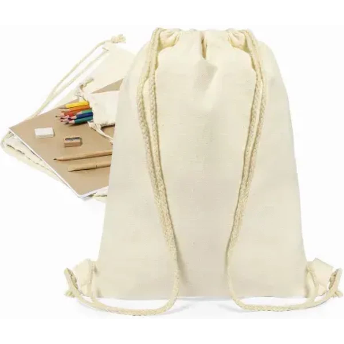 A drawstring bag in natural cotton colour, with a textured finish and matching drawstrings.