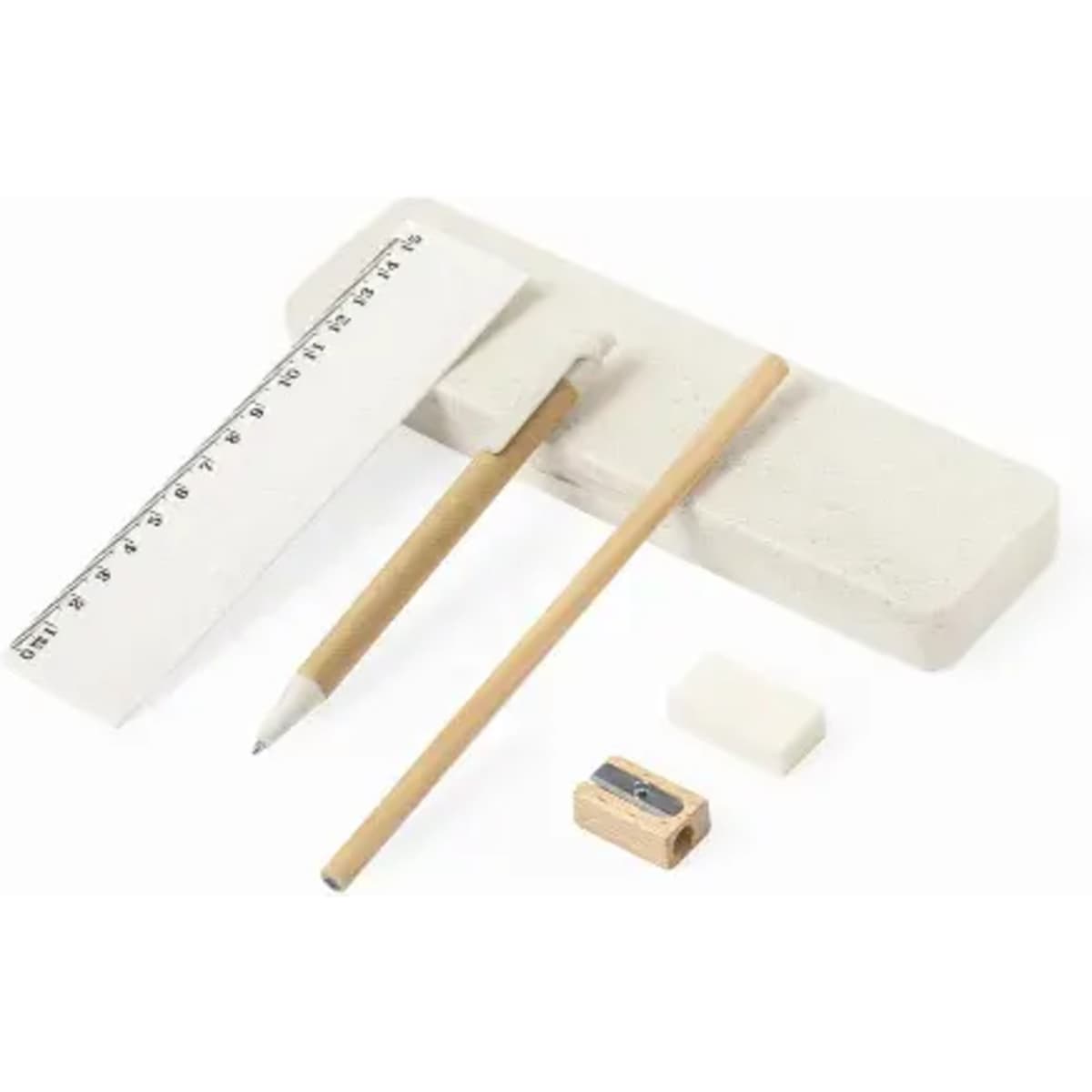 A stationery set featuring a ruler, pencil, eraser, sharpener, and a block. Predominantly light grey with wooden elements.