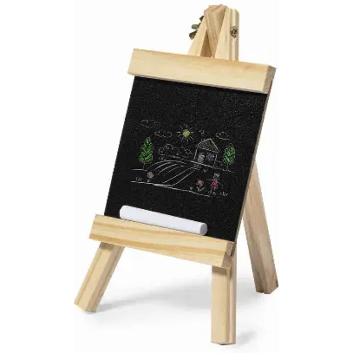 A small black chalkboard easel displaying a colourful drawing of a house, sun, and trees with a white chalk piece.