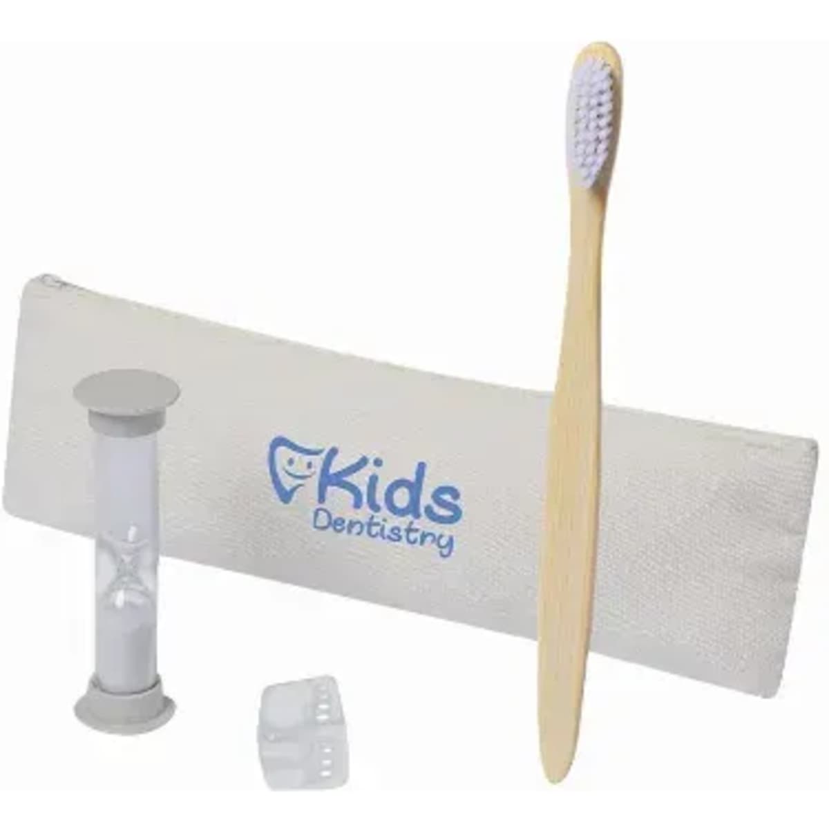 A dental care kit featuring a bamboo toothbrush, a timer, two toothbrush heads, and a branded case.