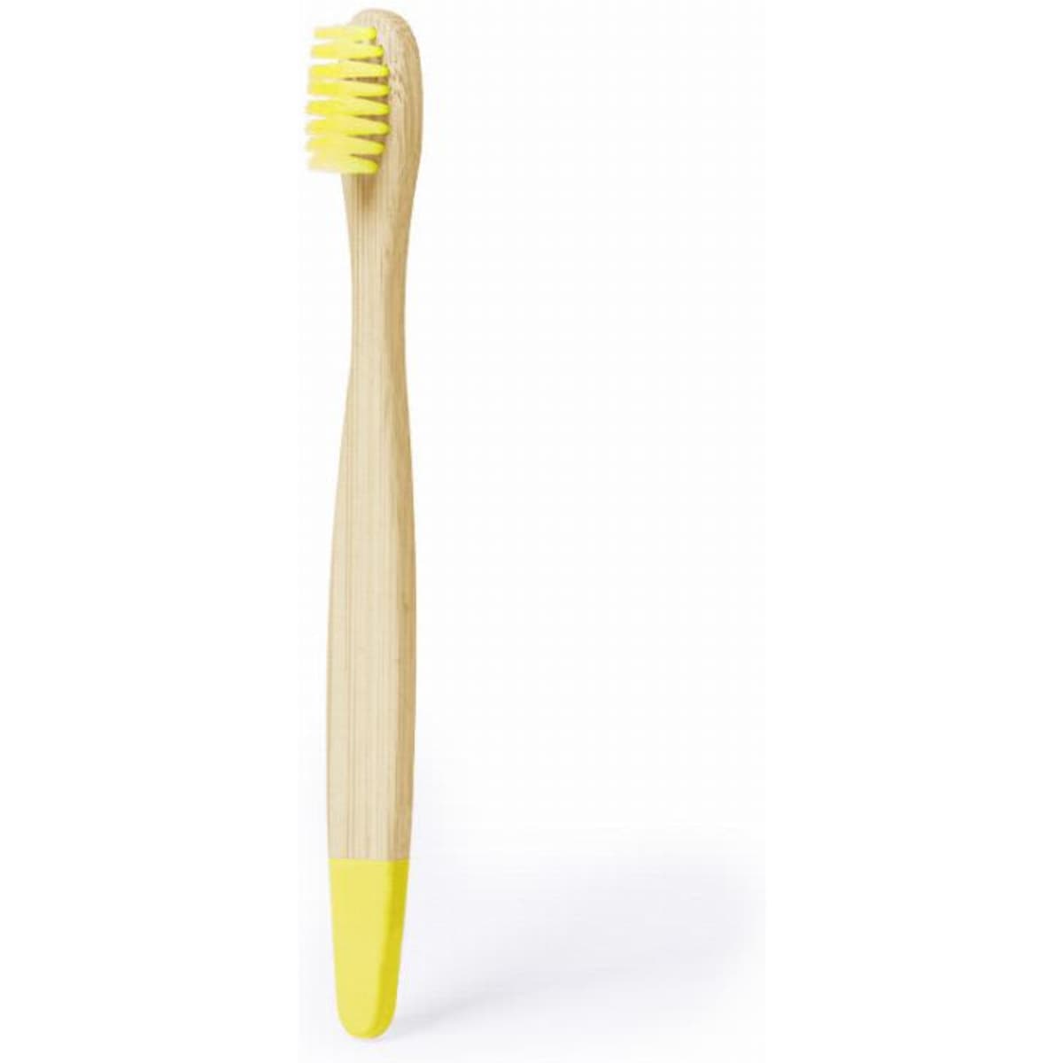 A bamboo toothbrush with a yellow bristle head and a yellow tip on the handle.