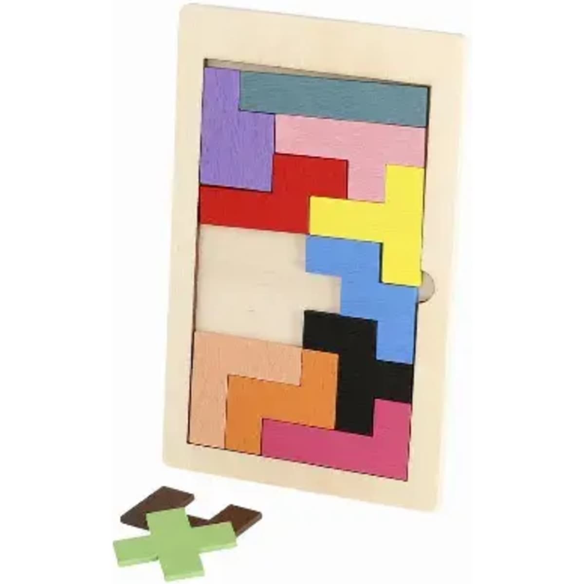 A wooden puzzle featuring various coloured geometric pieces, with a framed base and two pieces separate from the puzzle.