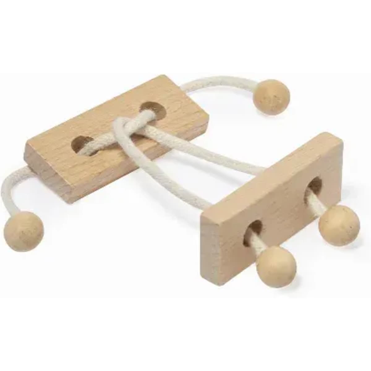 A wooden toy featuring two blocks connected by a rope with wooden beads on each end.