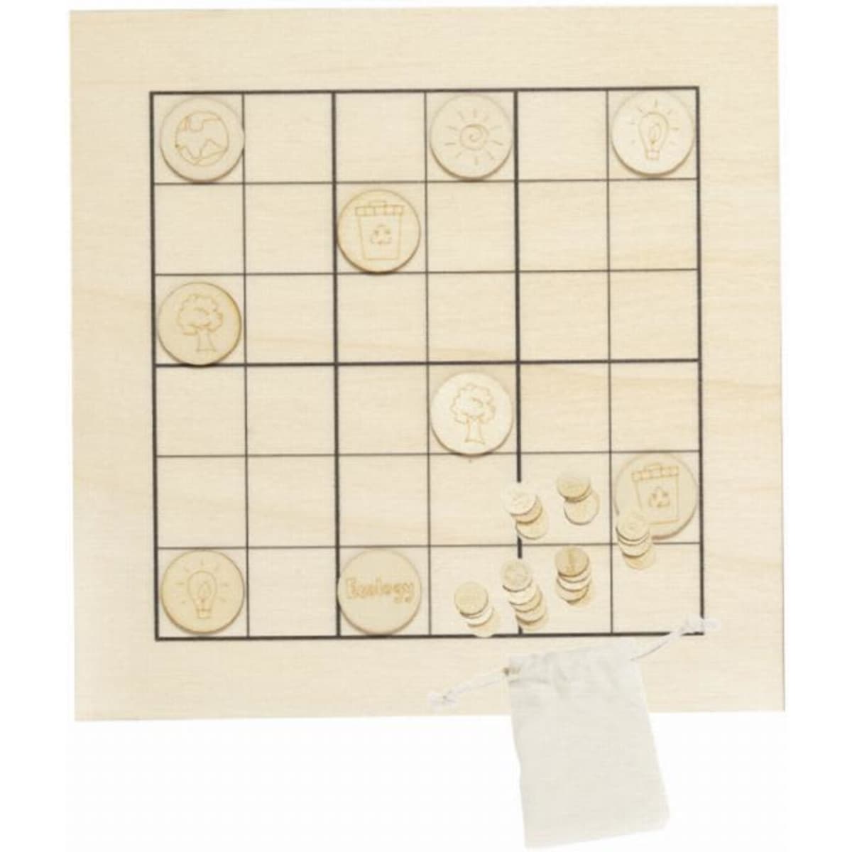 A wooden game board featuring a grid with engraved circular pieces and a small pouch for storage.