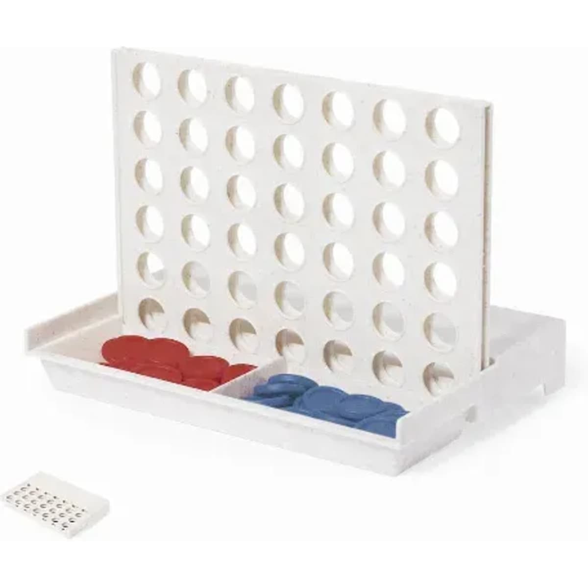 A game playing board with red and blue discs, featuring a vertical grid and a white base with compartments.