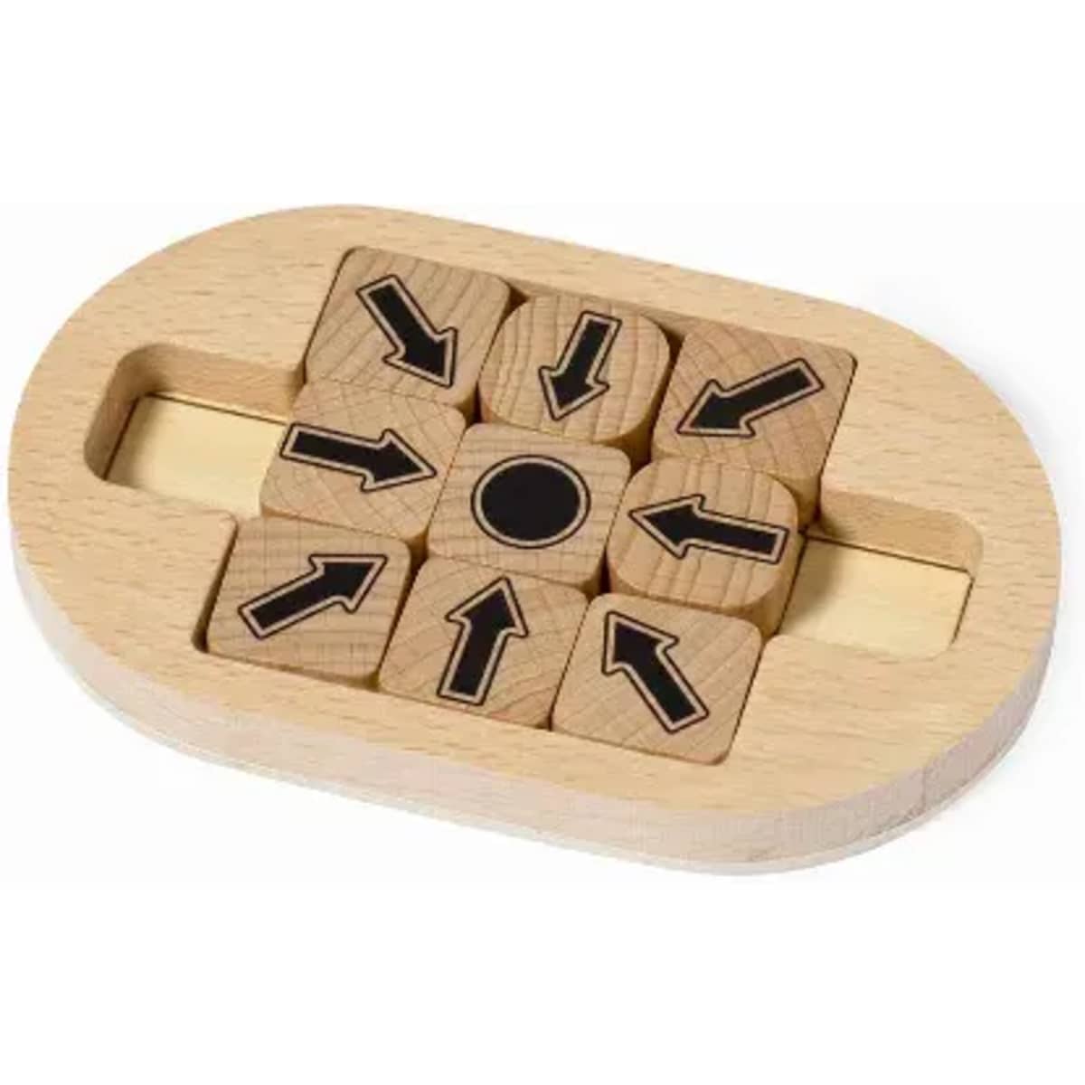 A wooden puzzle with nine blocks featuring black arrows on a light wood base, designed for movement in various directions.