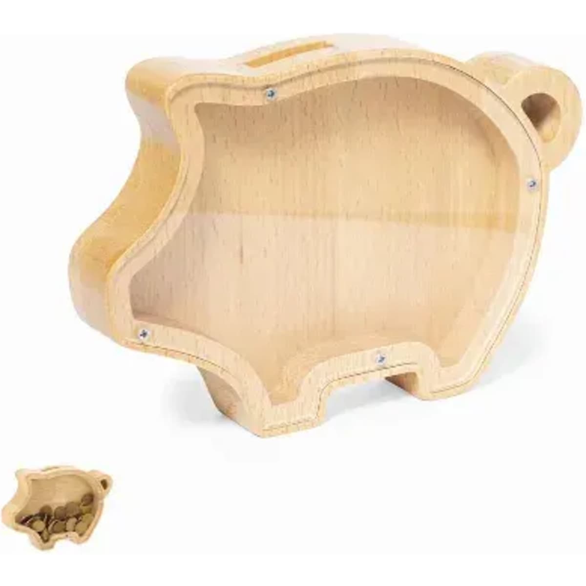 A wooden piggy bank in a pig shape, featuring a smooth finish and a small compartment at the bottom.