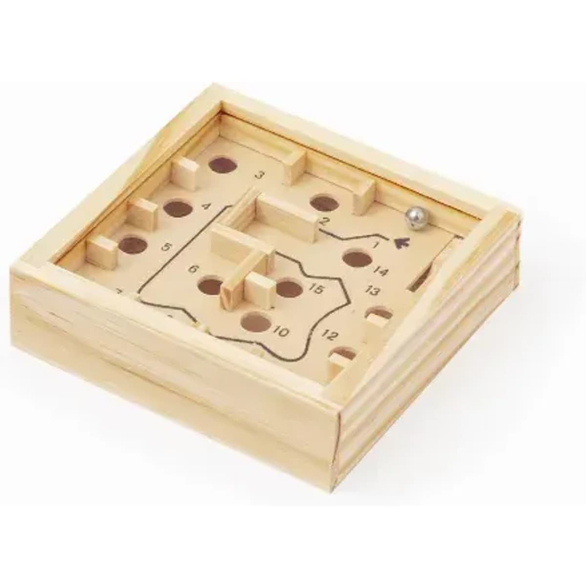 A wooden maze game with a ball, featuring numbered holes and a pathway for guided movement.