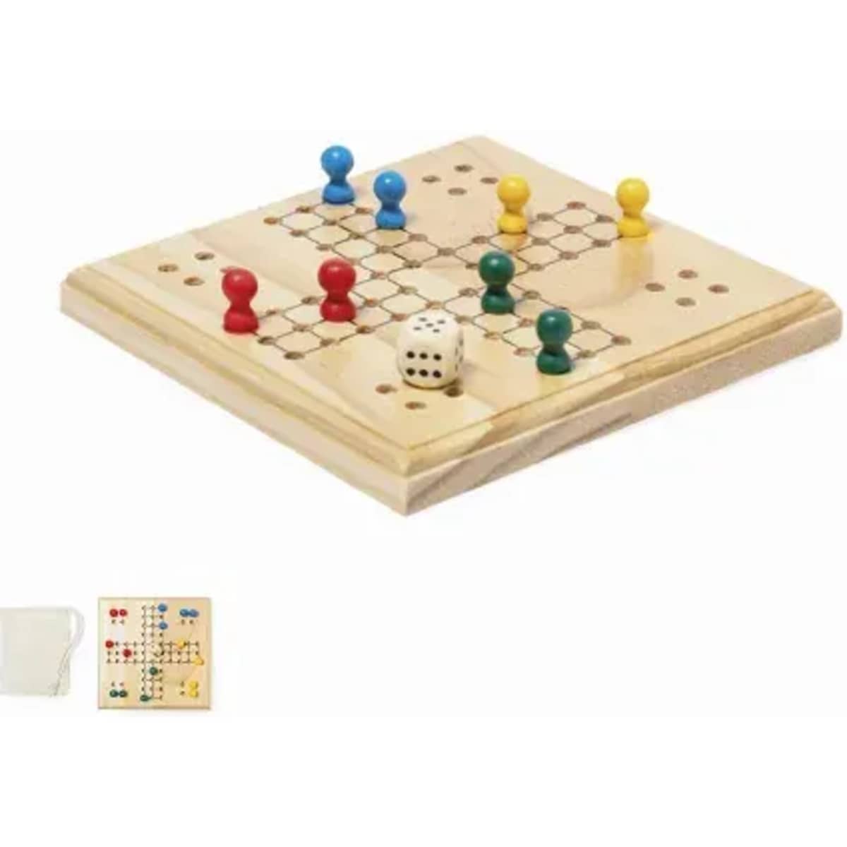A wooden board game with a checkerboard pattern, featuring coloured pegs and a dice.