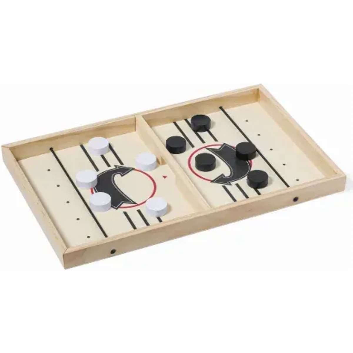 A wooden board game featuring two sections with black and white discs arranged in play positions.
