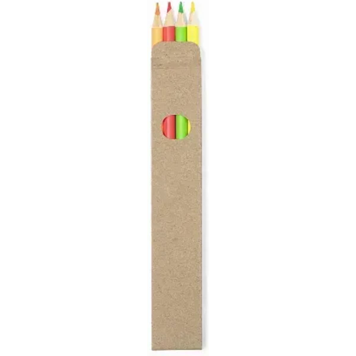 A pack of coloured pencils in a plain brown cardboard holder, featuring red, green, yellow, and orange pencils.