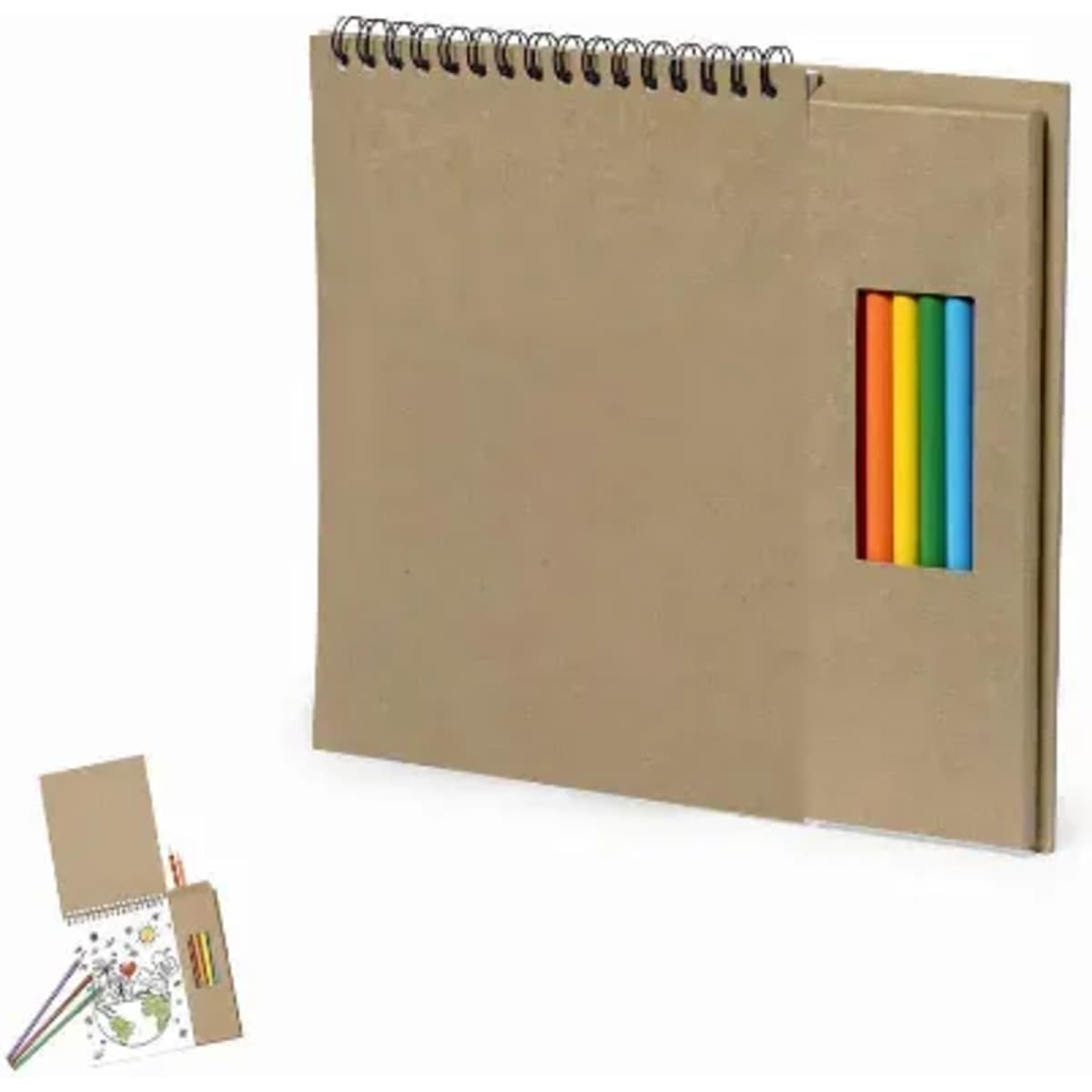 A spiral-bound notebook with a kraft cover and a side pocket containing colourful pens.