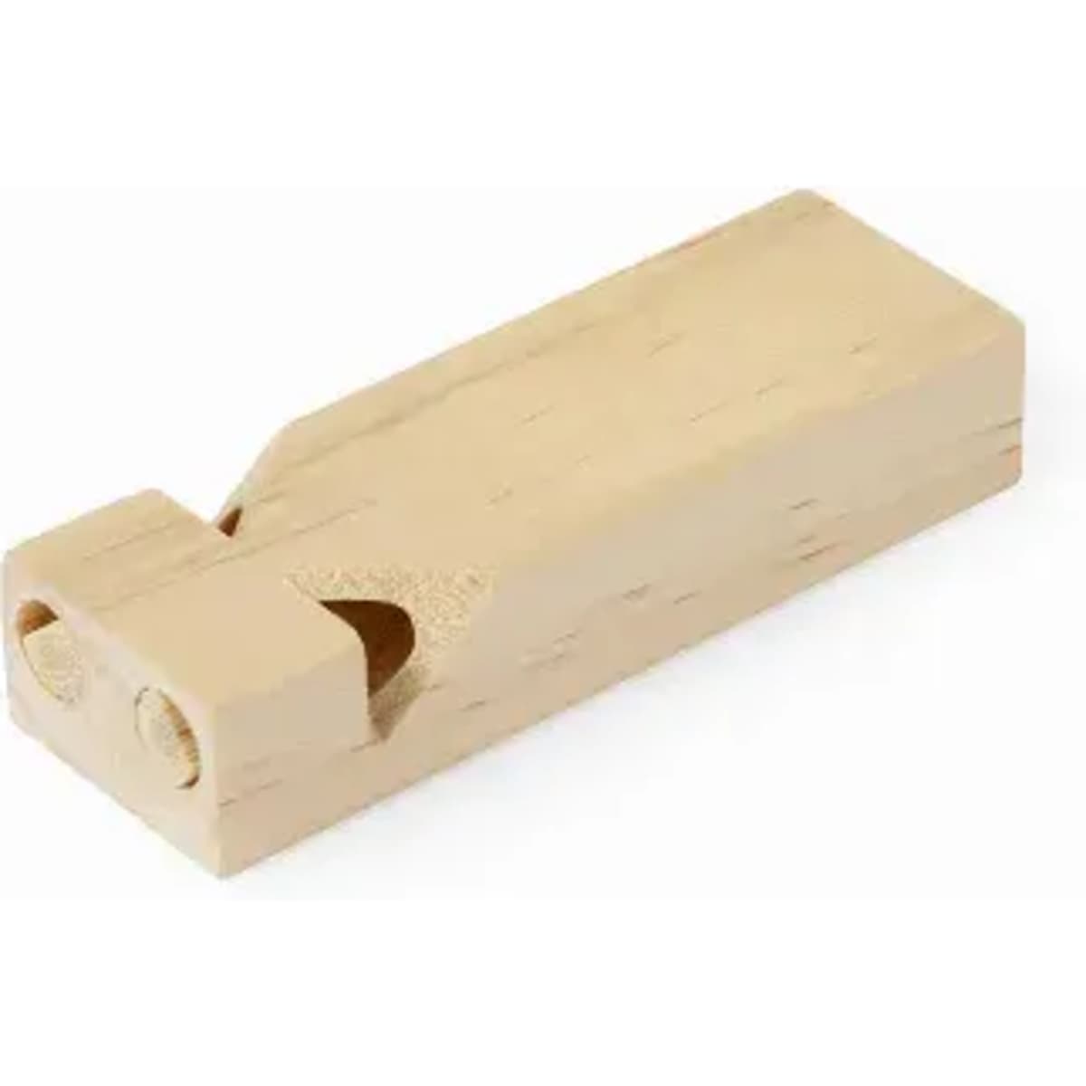 A wooden whistle in a natural finish, featuring a slight groove and two holes for sound production.