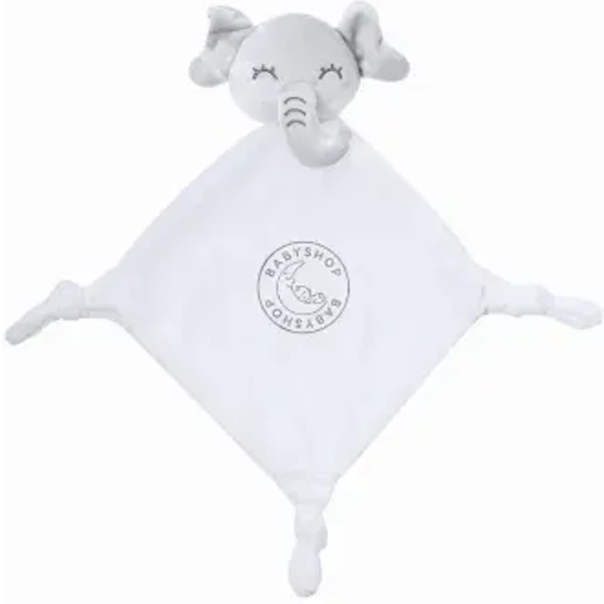 A comforter featuring a grey elephant head and a white blanket with knotted corners. It has a logo on the centre.