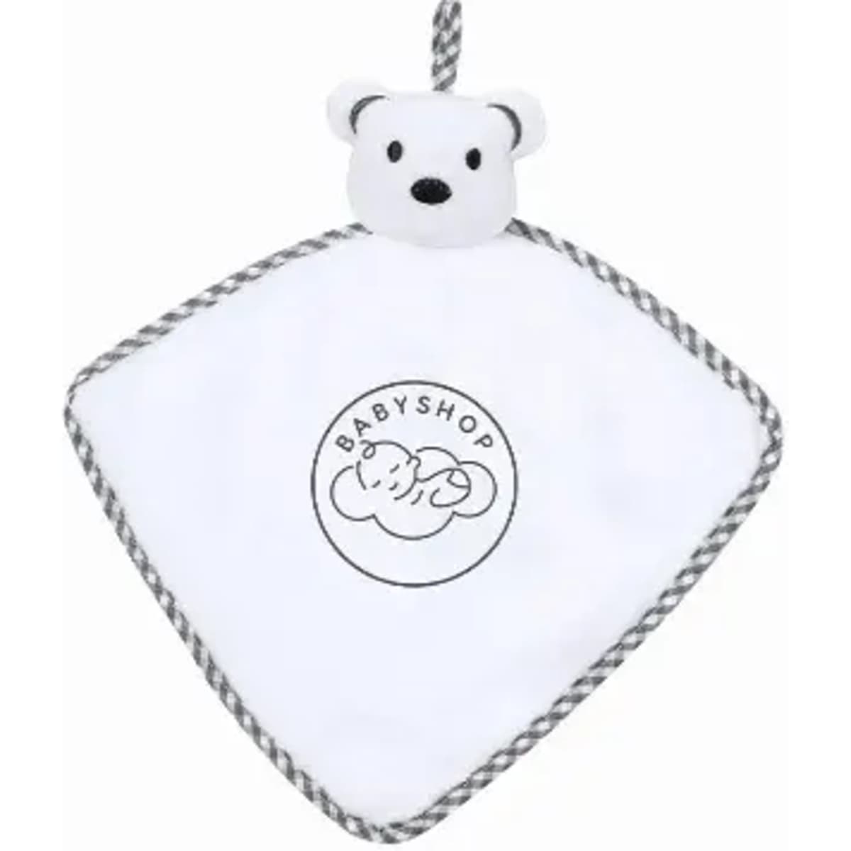 A white baby comforter with a bear head and a black logo at the centre, featuring grey trim and a hanging loop.