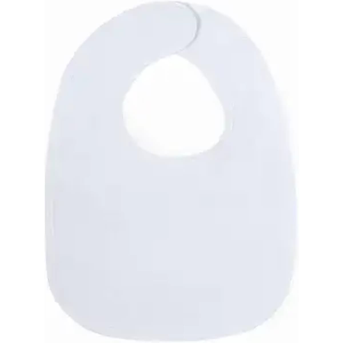 A bib in a simple white design with a rounded neck opening and smooth edges.