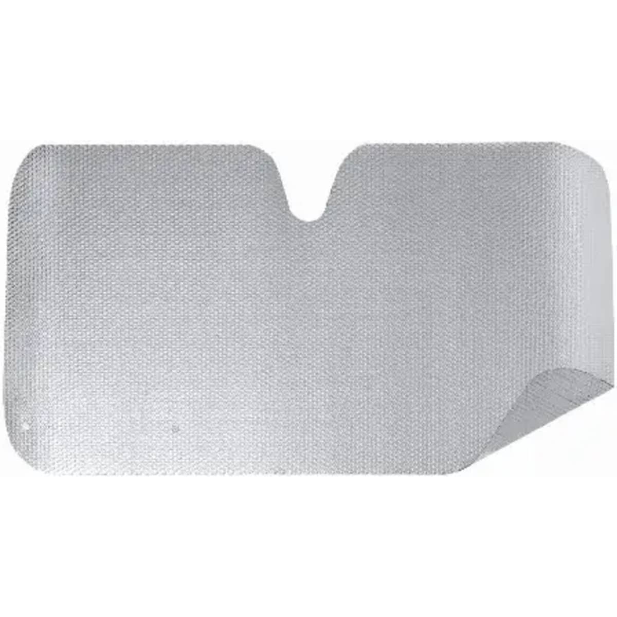 A silver mesh product with a curved edge and a textured surface, featuring an area cut out. It has branding.
