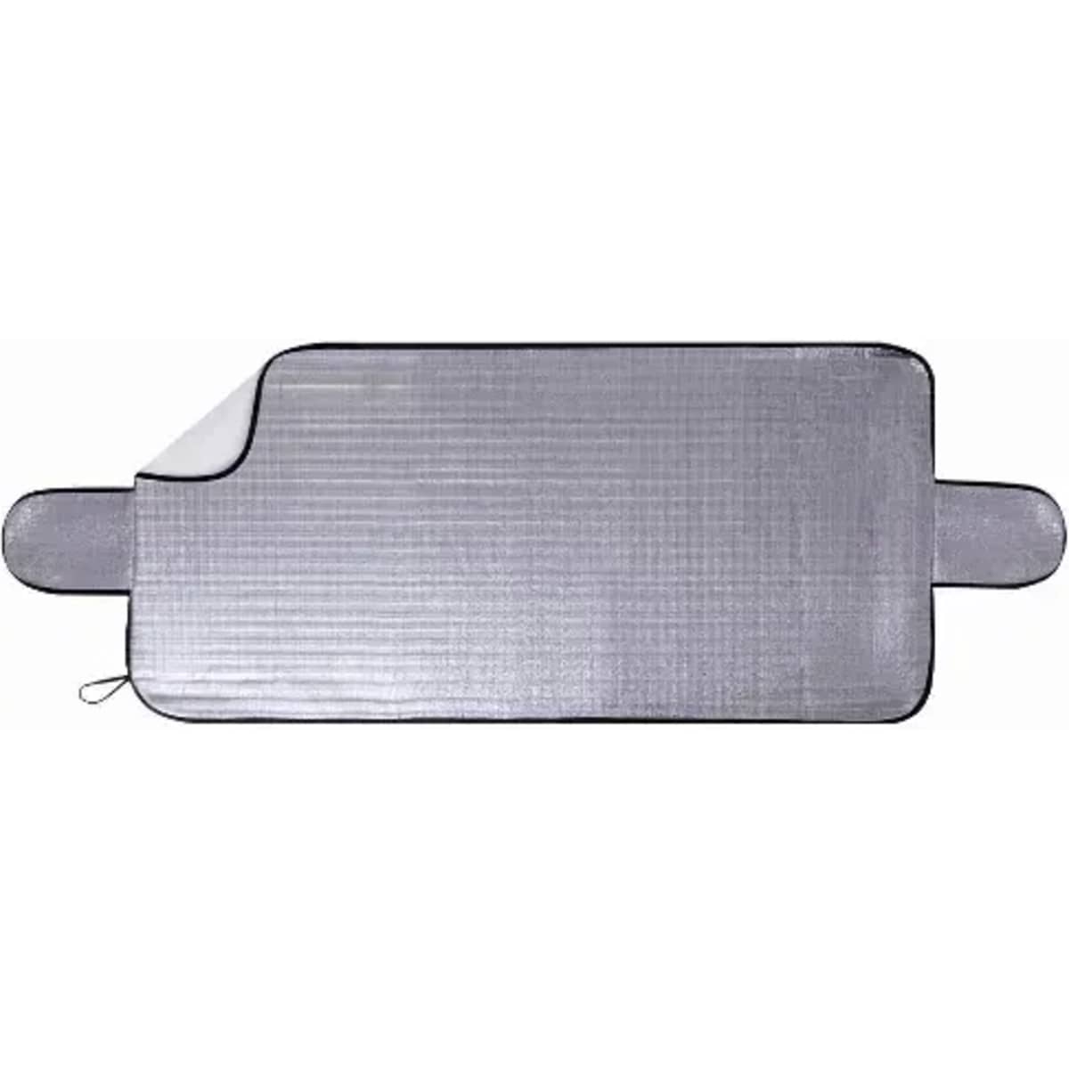 A silver thermal car windscreen cover with a black border and two secure straps on the sides.