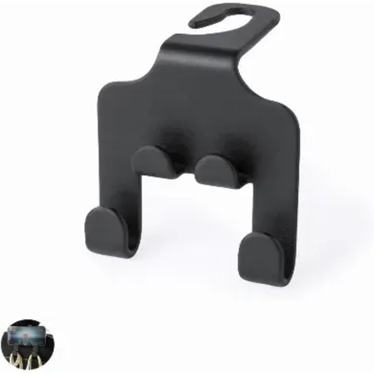 A black hanging hook with two clips, designed for holding items securely. It features a simple, functional design.