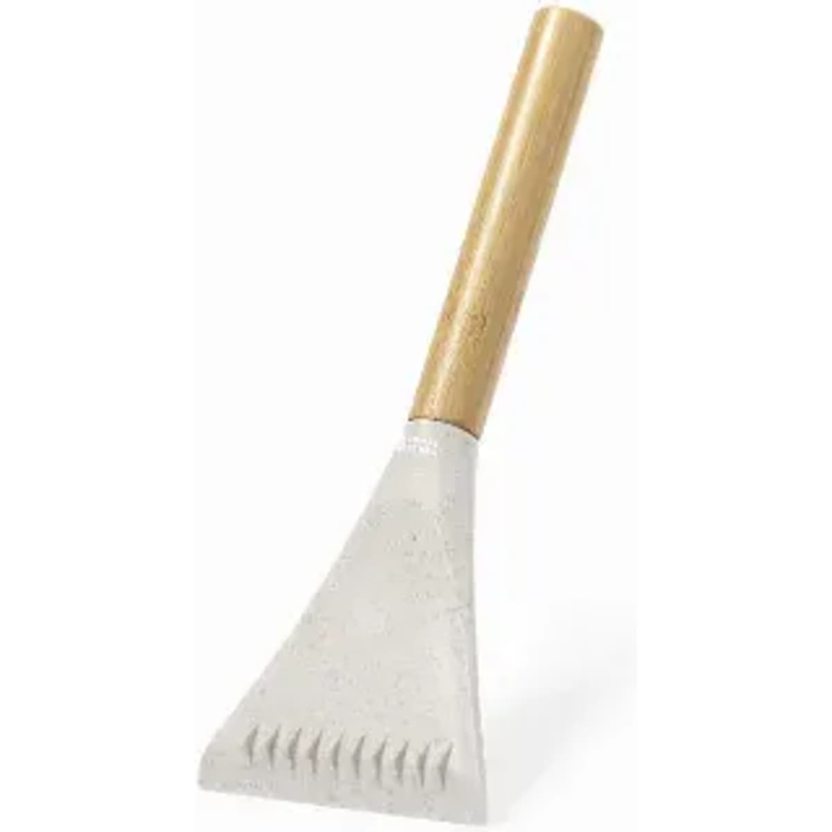 A scraper with a wooden handle and a triangular cement blade, featuring a textured edge for better grip.