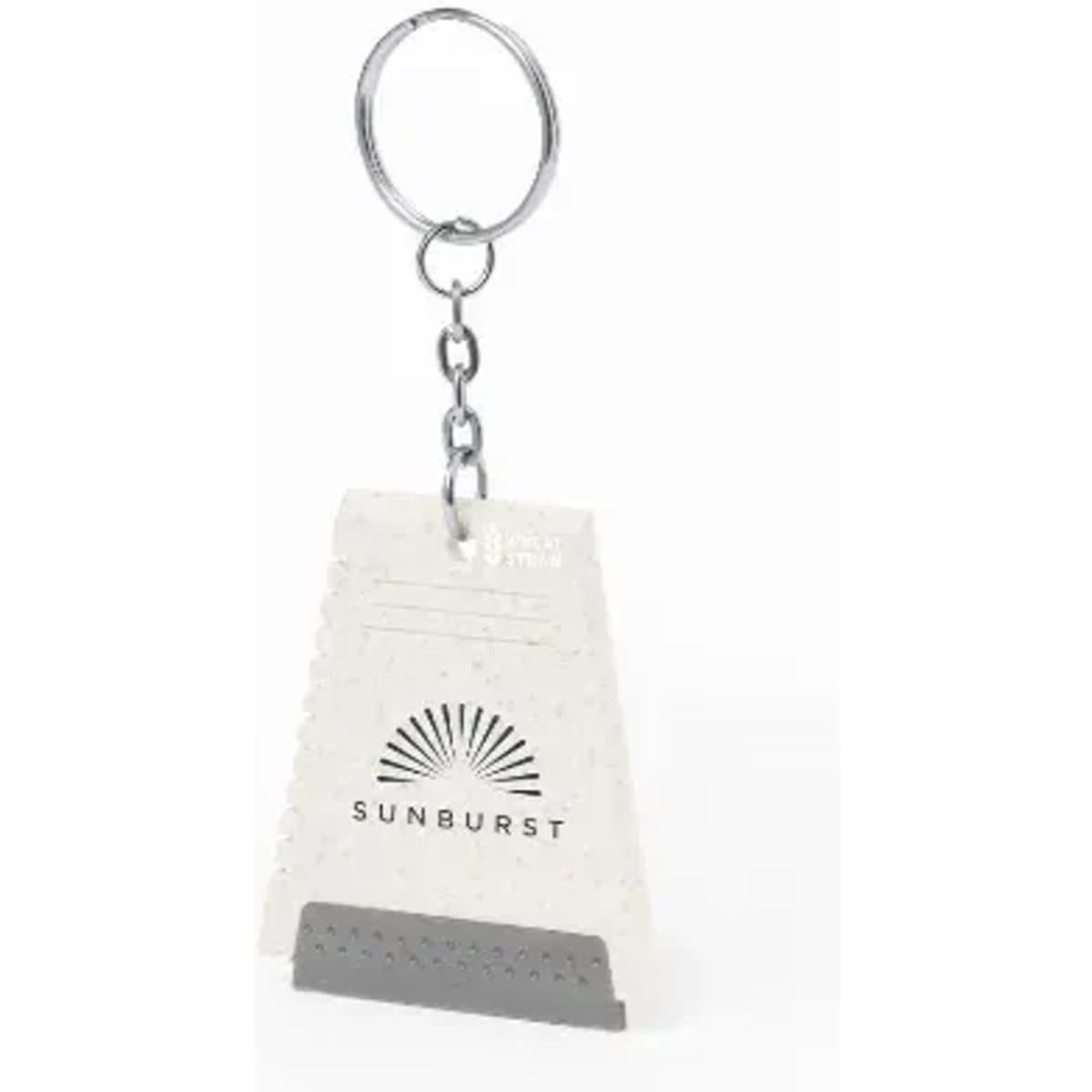 A keyring featuring a white tag with a grey scraper at the bottom and a logo.