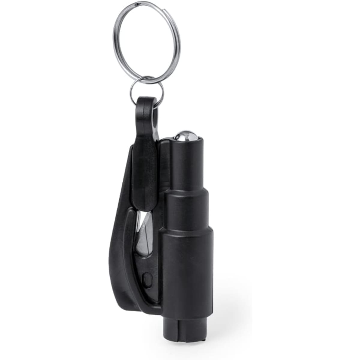 A keyring emergency hammer in black, featuring a keyring attachment and a compact design.