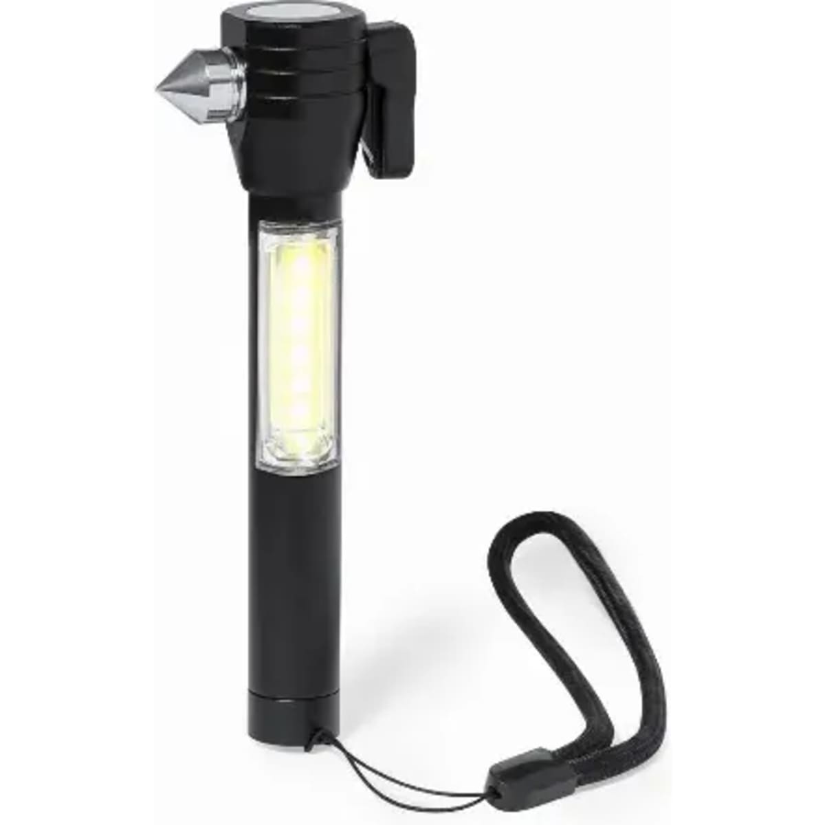 A black handheld torch with a toughened end and a strap, featuring a bright light in the centre.