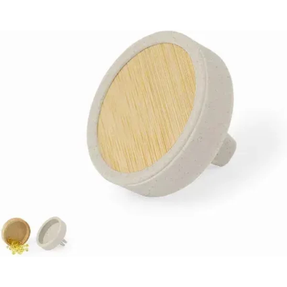 A round, grey product with a wooden top, featuring a small nozzle for dispensing contents.