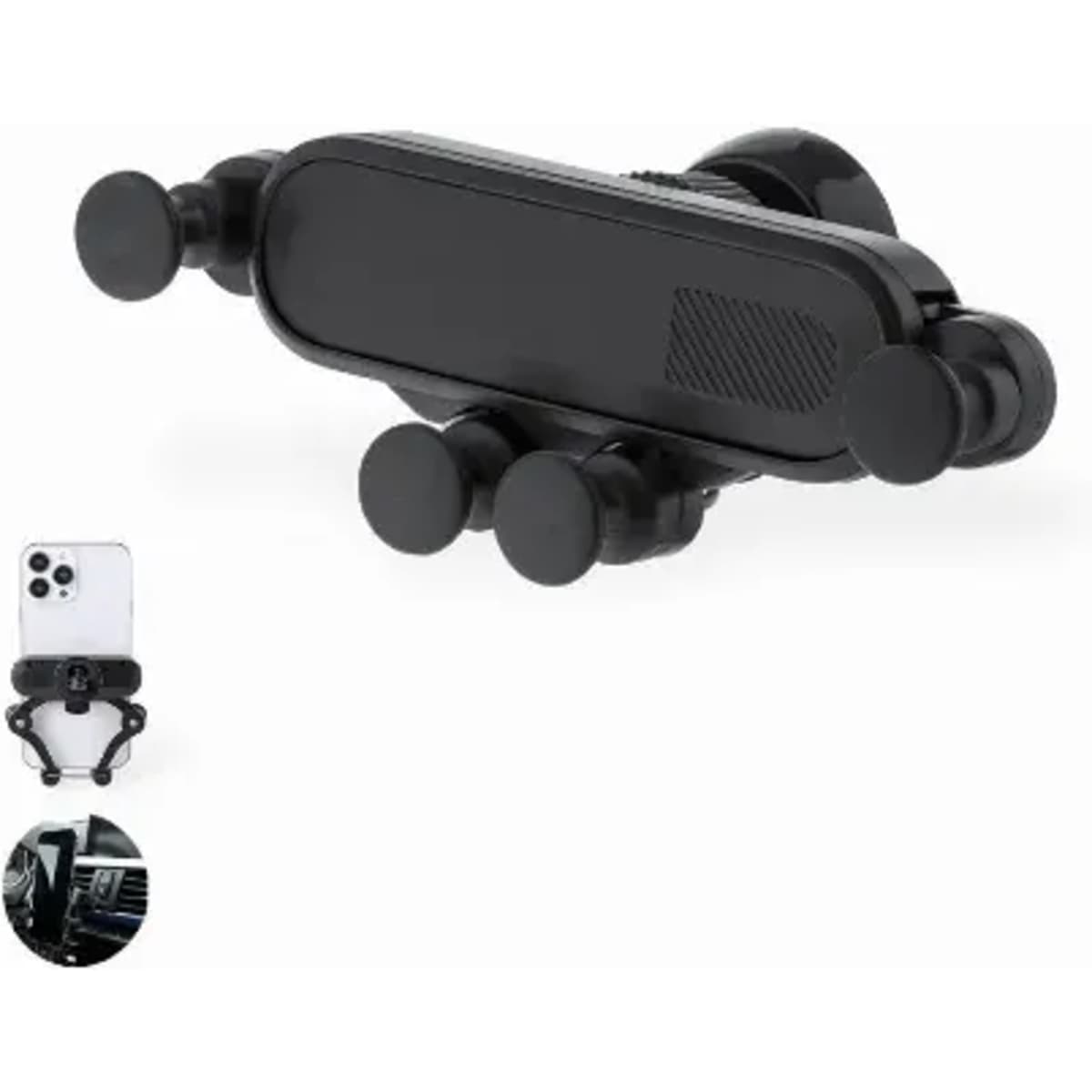 A car phone mount in black with adjustable grips and a logo. The mount is positioned beside a phone image.