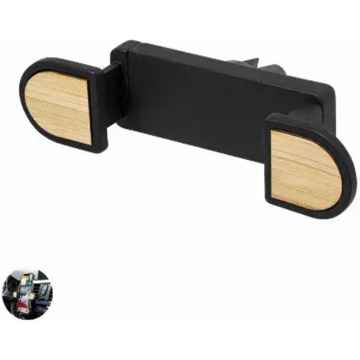A car phone mount with a black body and wooden accents on the sides. It features a logo on one side.